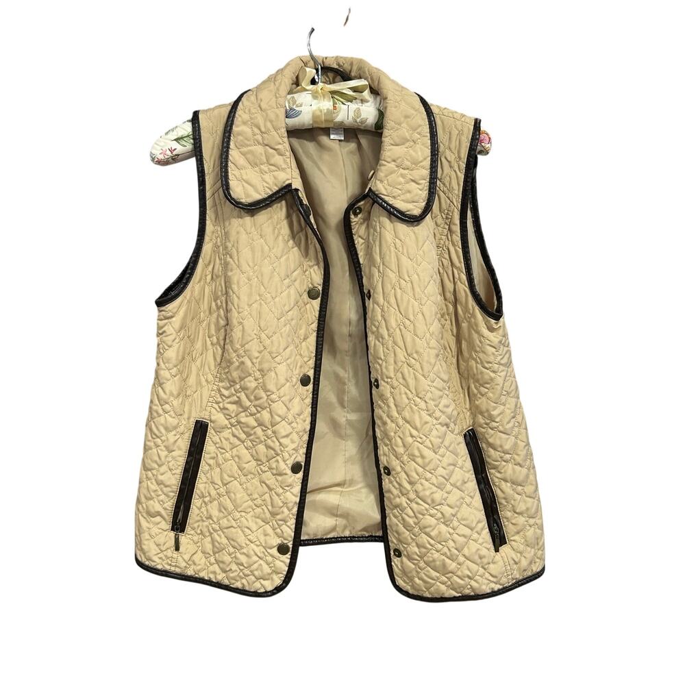 Charter Club Petite Women’s P/S Beige Quilted Vest Faux Leather Trim Equestrian